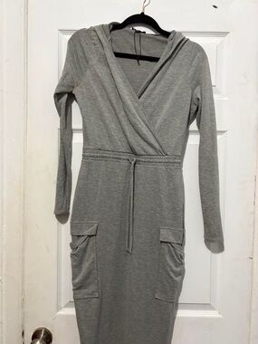 Gray Hooded Wrap Midi Dress with Pockets